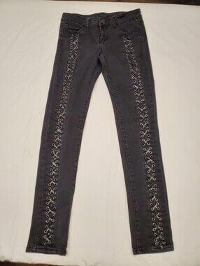 Edgy Black Crystal Jeans Size 7 Charcoal Skinny Full Leg Lace-Up Grommet Detail